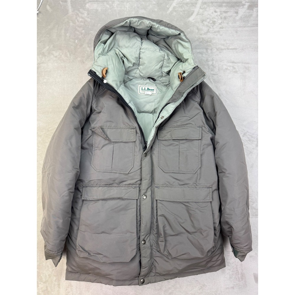 Vintage 80s LL Bean Leather Goose Down Parka Jacket Mens M 1360 Grey Made in USA